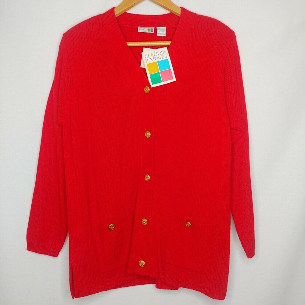 NOS Vintage Claudia Barnes Womens L Cardigan Sweater Red V Neck Gold Button NWT